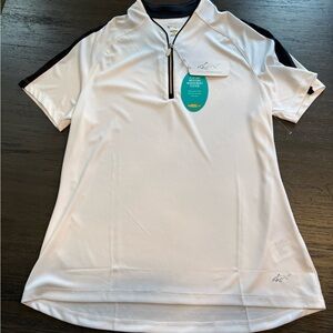 Greg Norman Shark White and Black Short Sleeve Quarter Zip Shirt, Size Large.